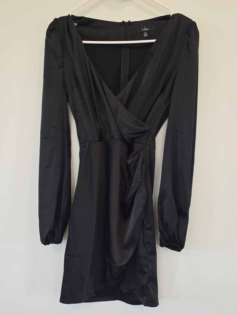 Lulus Black Long-Sleeve Wrap Mini Dress with Side Drape